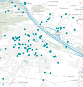 Karte von Wien, auf der die Punkte die Immobilien-Projekte von Rendity visualisieren.