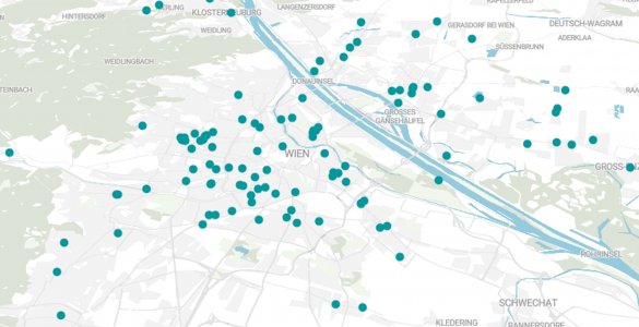 Karte von Wien, auf der die Punkte die Immobilien-Projekte von Rendity visualisieren.